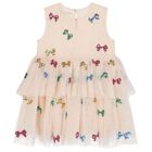 Girls Beige Bow Tulle Dress, 1, hi-res