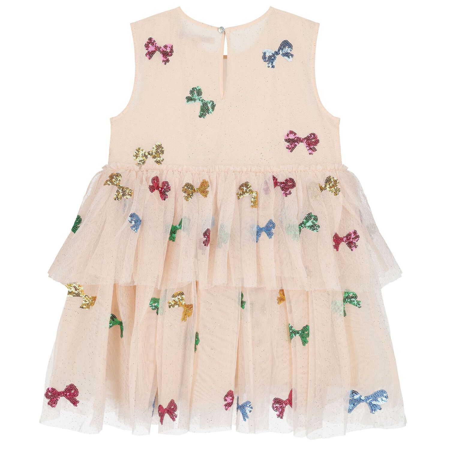 Girls Beige Bow Tulle Dress, 1, hi-res