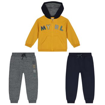 Younger Boys Navy Blue, Grey & Yellow 3 Piece Tracksuit Set