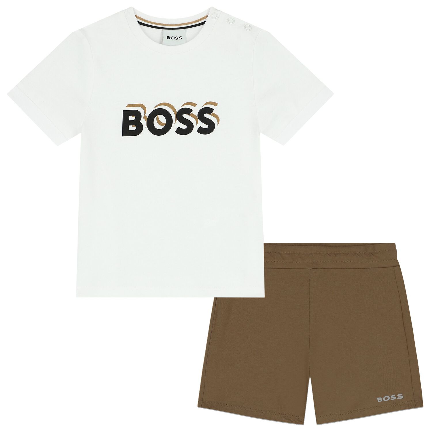 Younger Boys White & Beige Logo Shorts Set, 1, hi-res
