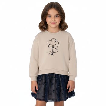 Girls Beige & Navy Blue Flower Skirt Set
