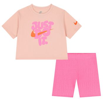 Girls Pink Logo Bike Shorts Set