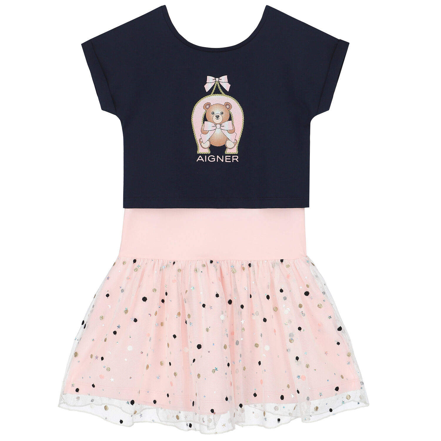 Girls Navy & Pink Logo Tulle Dress Set, 1, hi-res image number null