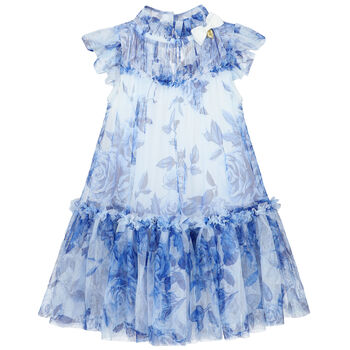 Girls White & Blue Floral Tulle Dress