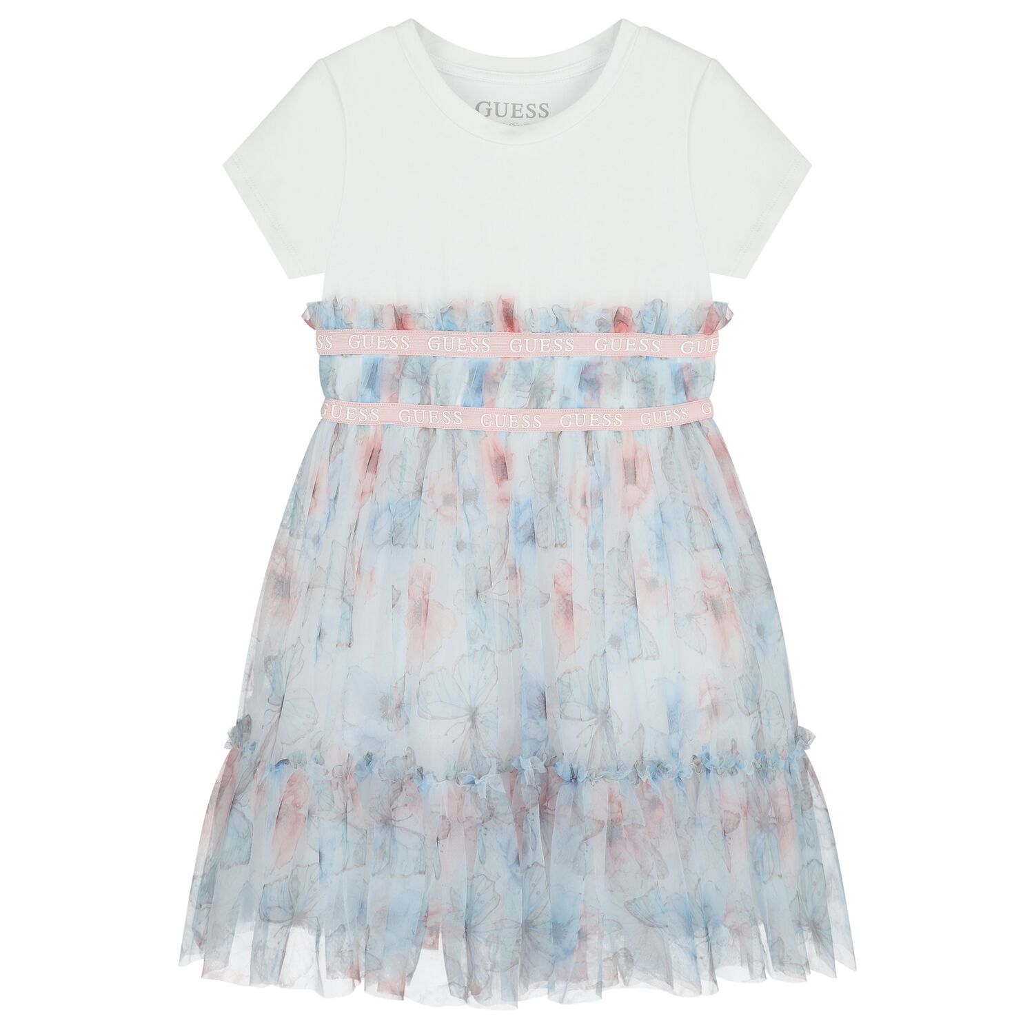 Girls White & Blue Butterfly Dress, 1, hi-res