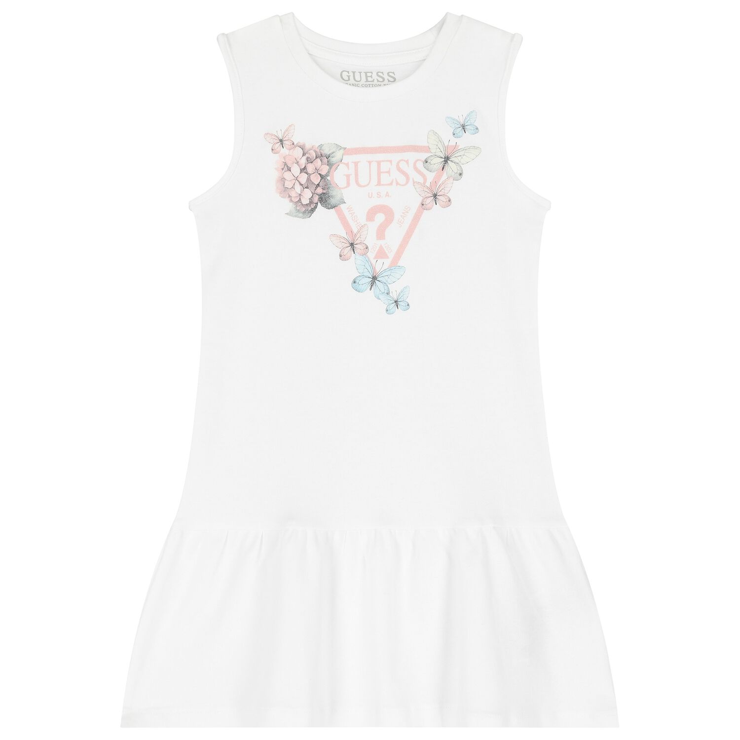 Girls White Cotton Butterfly Logo Dress, 2, hi-res image number null