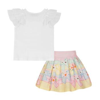 Girls White & Pink Floral Skirt Set