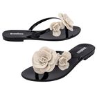Girls Black & Beige Logo Flower Flip Flops, 2, hi-res