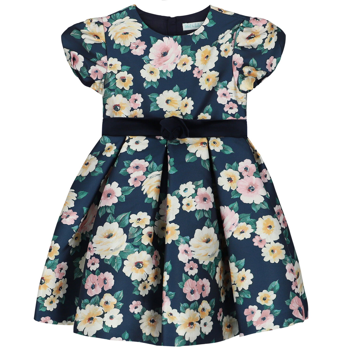 Girls Navy Floral Satin Dress, 1, hi-res