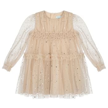 Girls Beige & Gold Star Tulle Dress