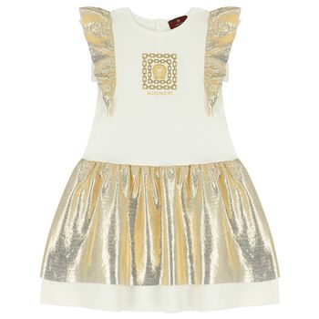 Girls Ivory & Gold Logo Dress