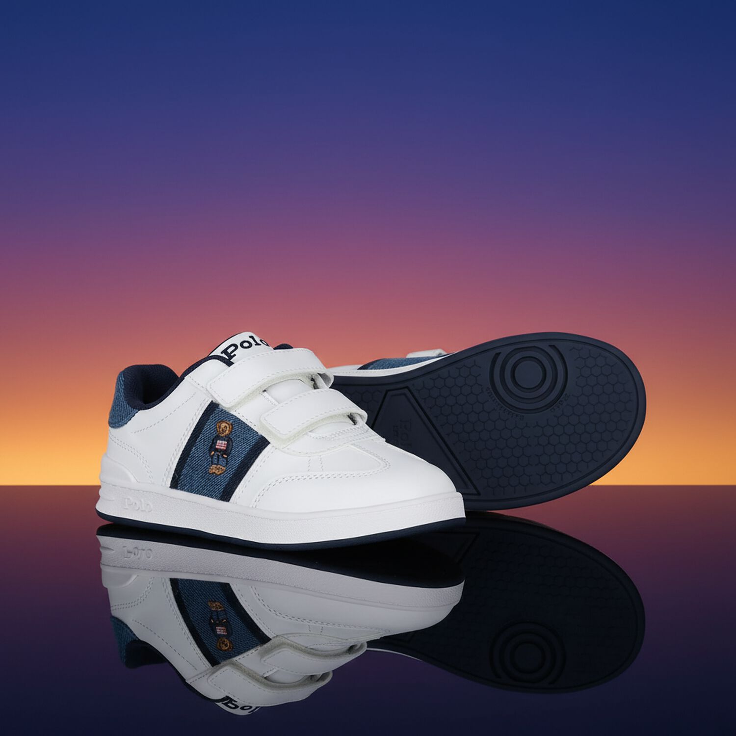 Boys White & Denim Blue Logo Trainers, 1, hi-res