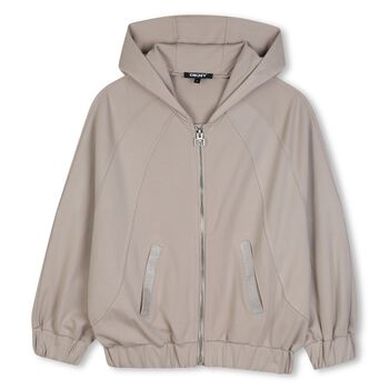 Girls Beige Embellished Hooded Zip Up Top