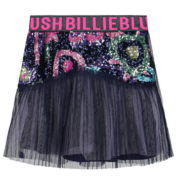 Girls Navy Blue Logo Tulle & Sequin Skirt