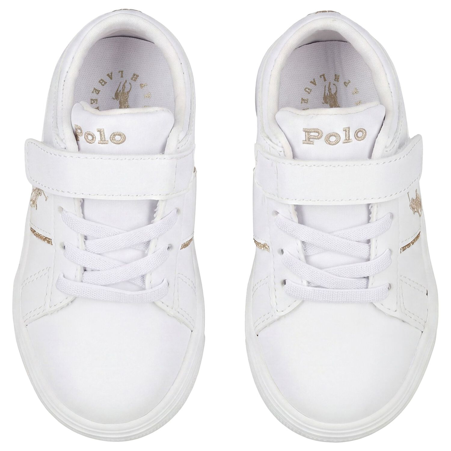 Younger Girls White & Gold Logo Trainers, 1, hi-res
