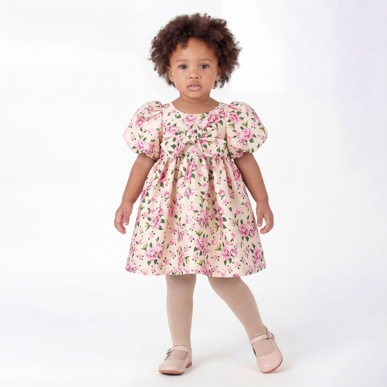 Baby Girls Pink Floral Puff Sleeve Dress, 1, hi-res
