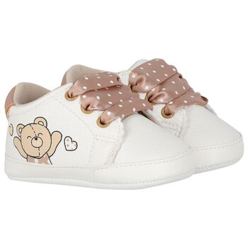 Baby Girls White & Beige Teddy Bear Trainers