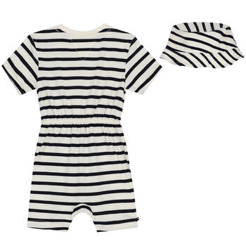 Navy Blue & Ivory Striped Logo Romper & Hat Set