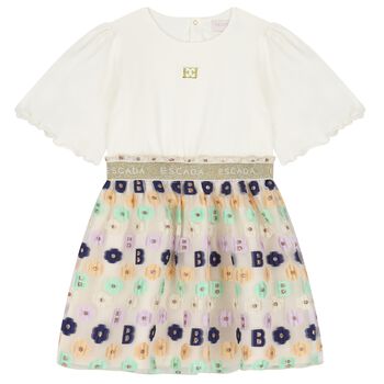 Girls Ivory Logo Floral Dress