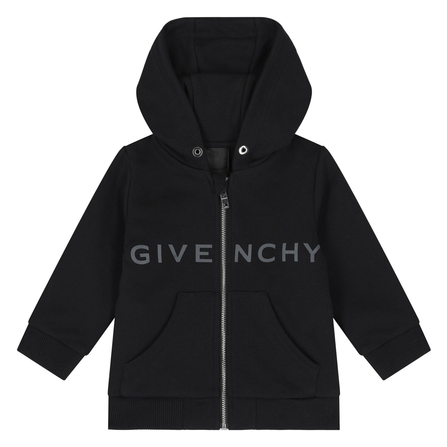 Younger Boys Black Logo Hooded Zip Up Top, 1, hi-res