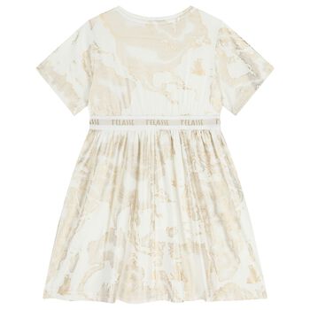 Girls White & Beige Geo Map Dress