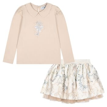 Girls Ivory & Beige Key Skirt Set