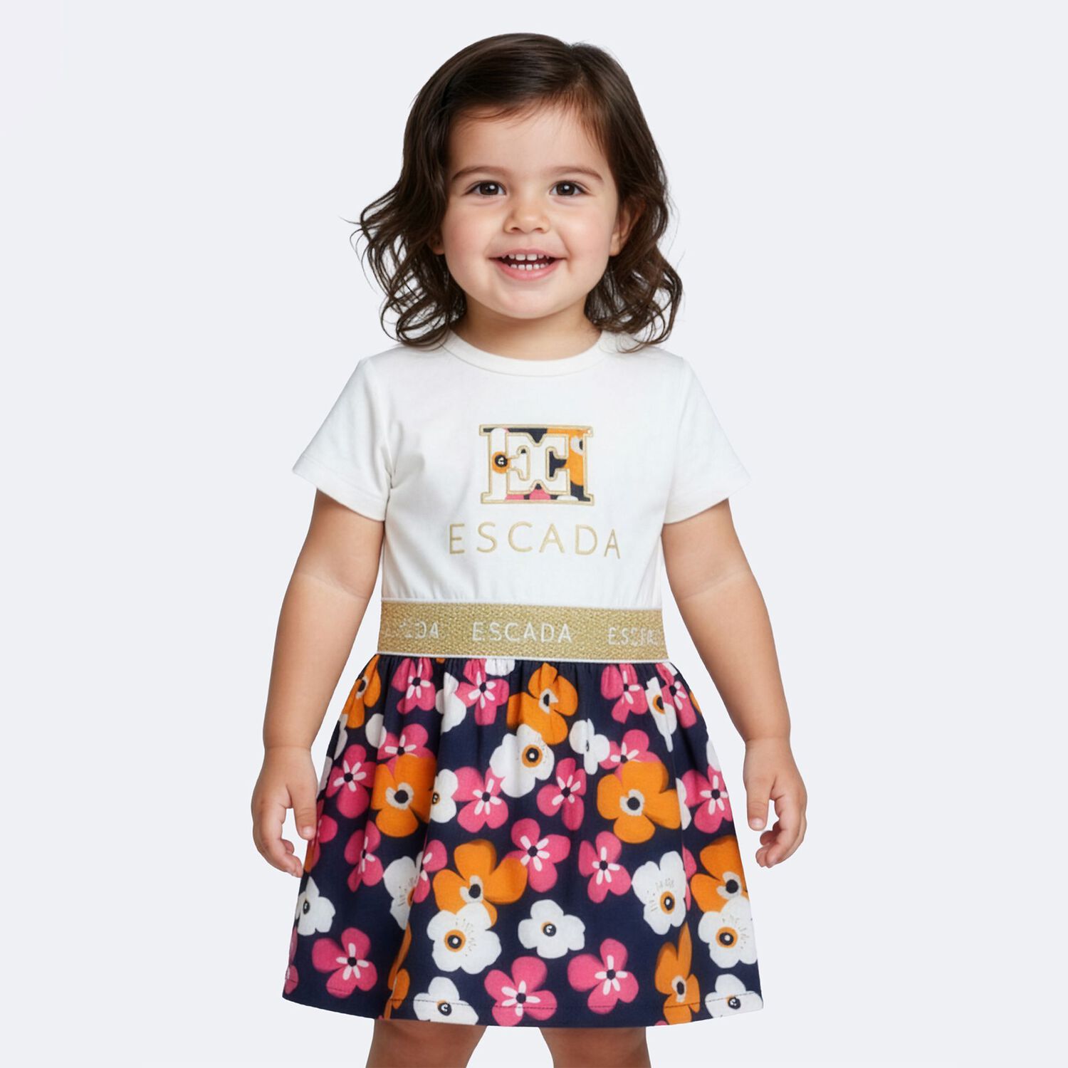 Younger Girls Ivory & Navy Blue Logo Floral Dress, 1, hi-res