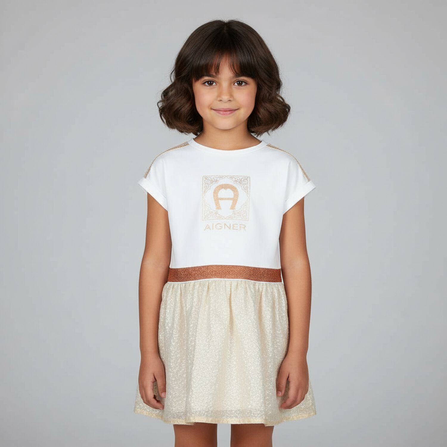 Girls White & Gold Logo Dress, 1, hi-res image number null