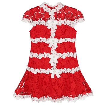 Girls Red & White Embroidered Floral Dress