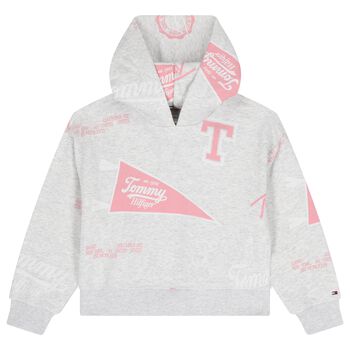 Girls Grey & Pink Logo Hooded Top