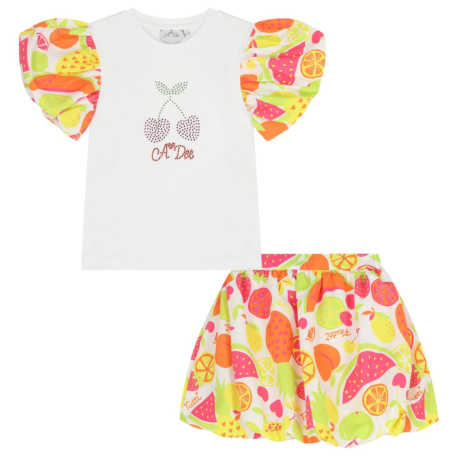 Girls White & Orange Cherry Skirt Set, 1, hi-res