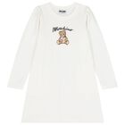 Girls White Teddy Bear Logo Dress, 4, hi-res