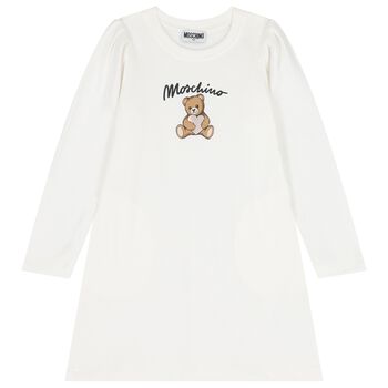 Girls White Teddy Bear Logo Dress