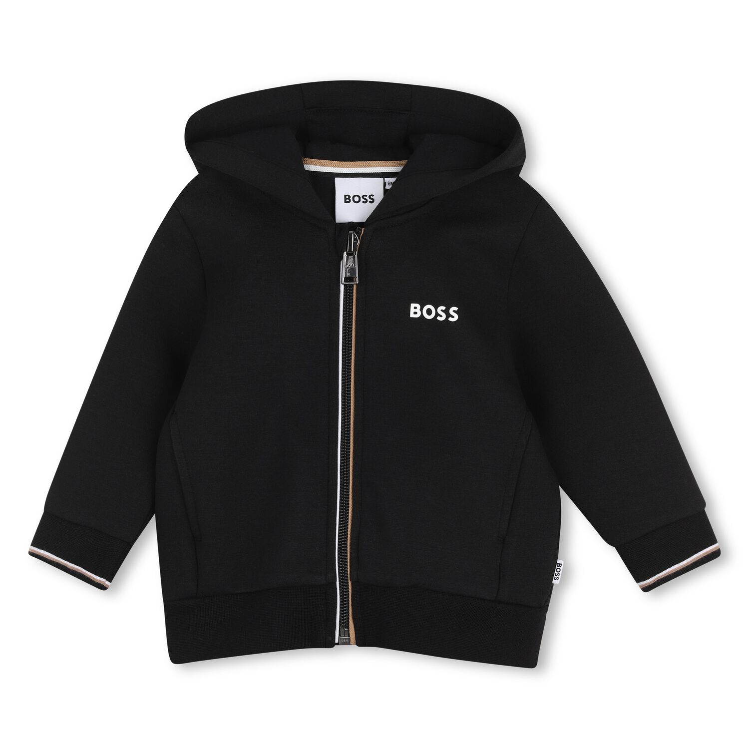 Younger Boys Black Logo Hooded Zip Up Top, 1, hi-res