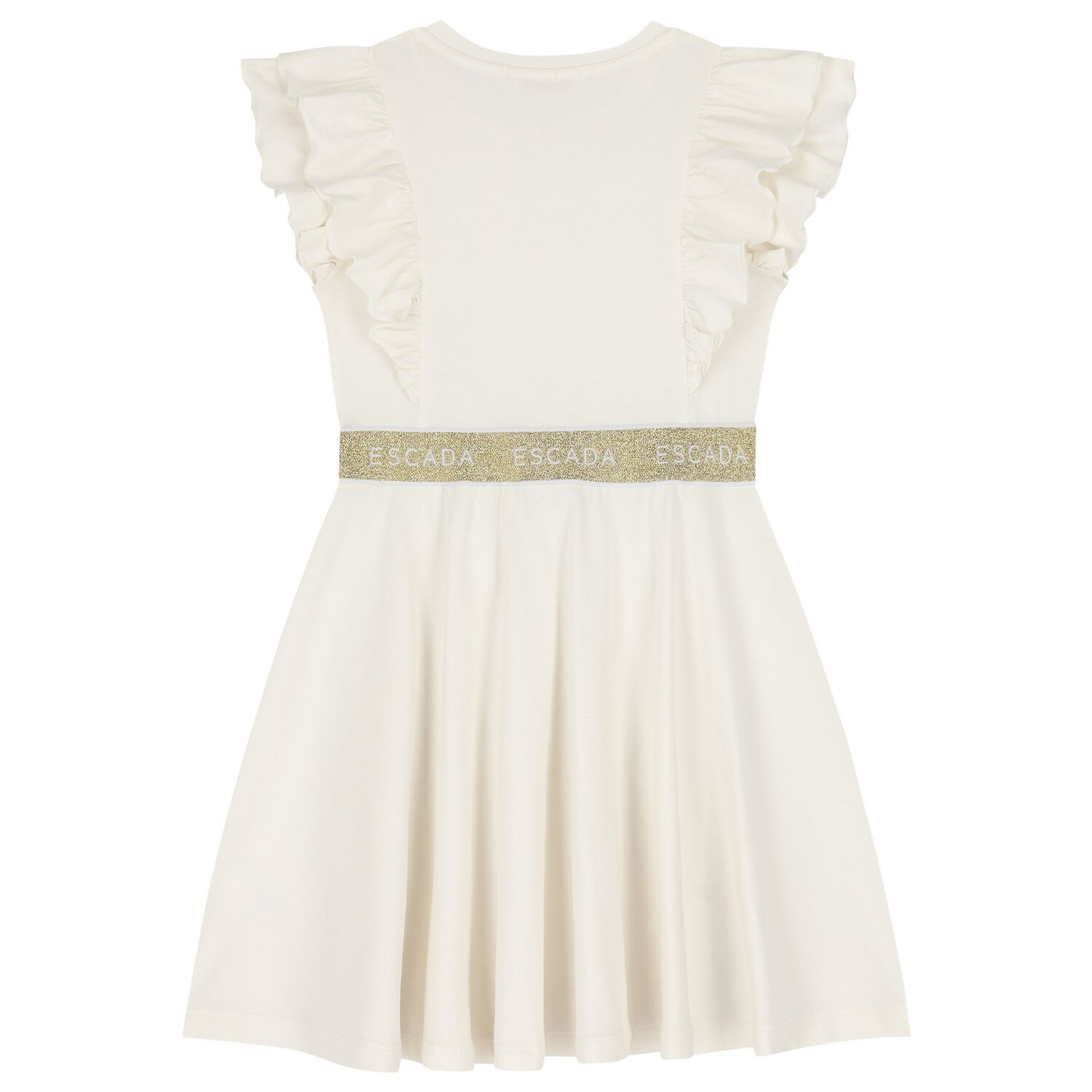 Girls Ivory & Gold Logo Ruffled Dress, 1, hi-res