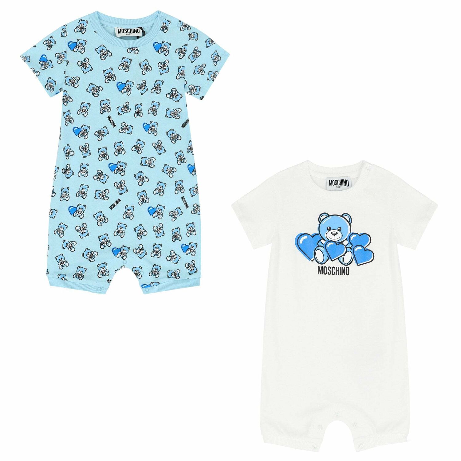 Baby Boys White & Blue Teddy Logo Rompers, 1, hi-res