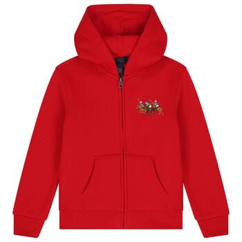 Boys Red Logo Hooded Zip Up Top