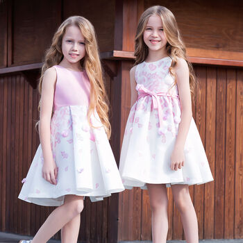 Girls White & Pink Petal Bow Dress