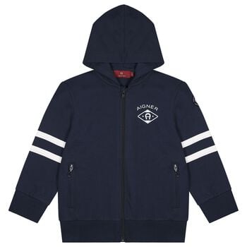 Boys Navy Blue Logo Hooded Zip Up Top