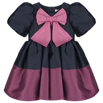 Girls Pink & Navy Blue Satin Bow Dress