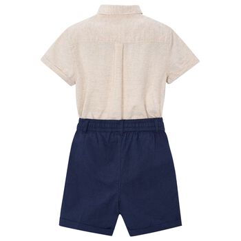 Boys Beige & Navy Blue Striped Shorts Set