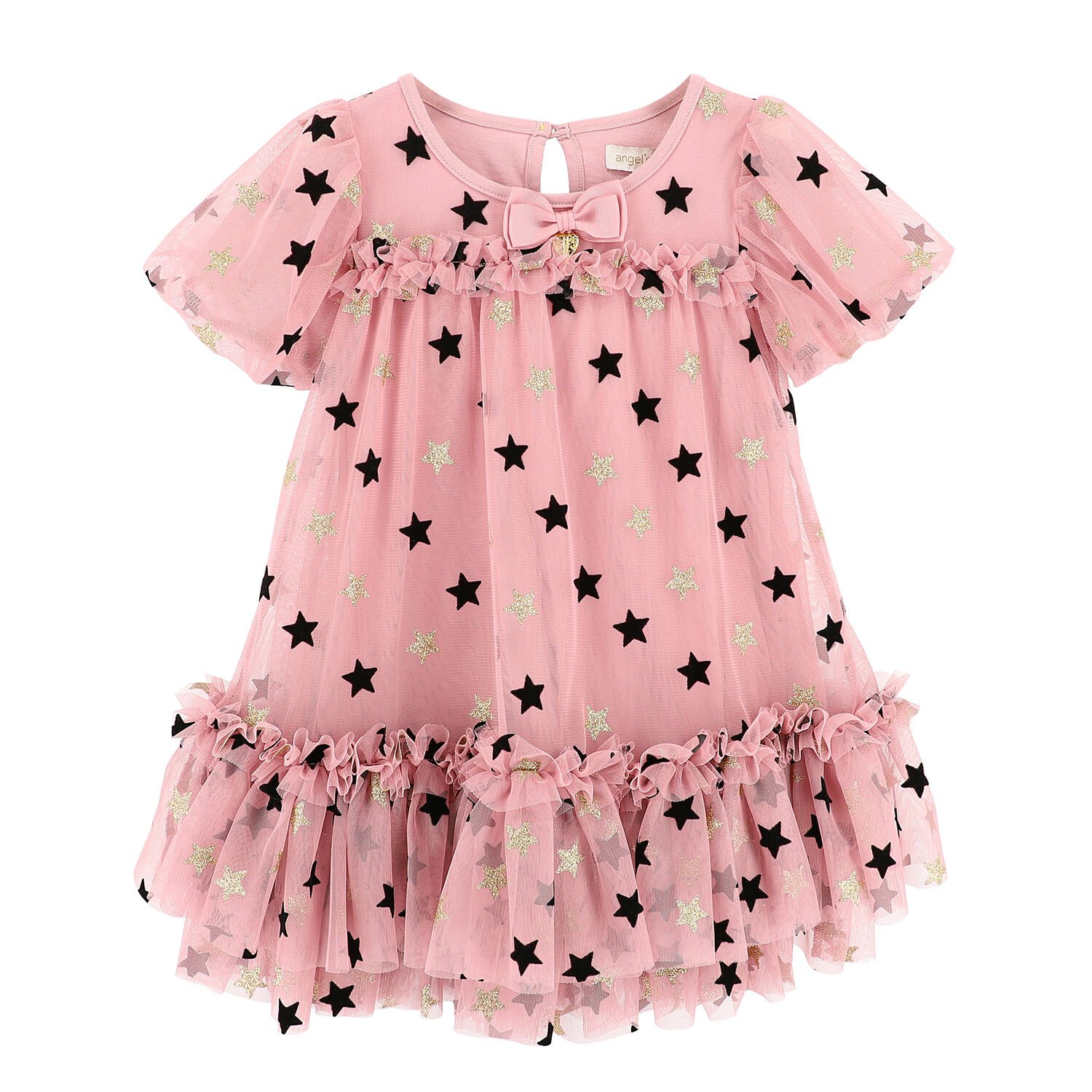 Girls Pink, Gold & Black Stars Tulle Dress, 1, hi-res