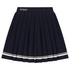 Girls Navy Blue Logo Knitted & Pleated Skirt, 2, hi-res