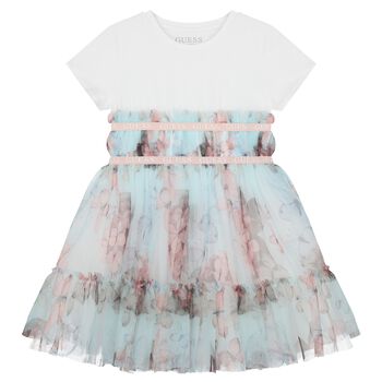 Girls White & Green Logo Tulle Dress