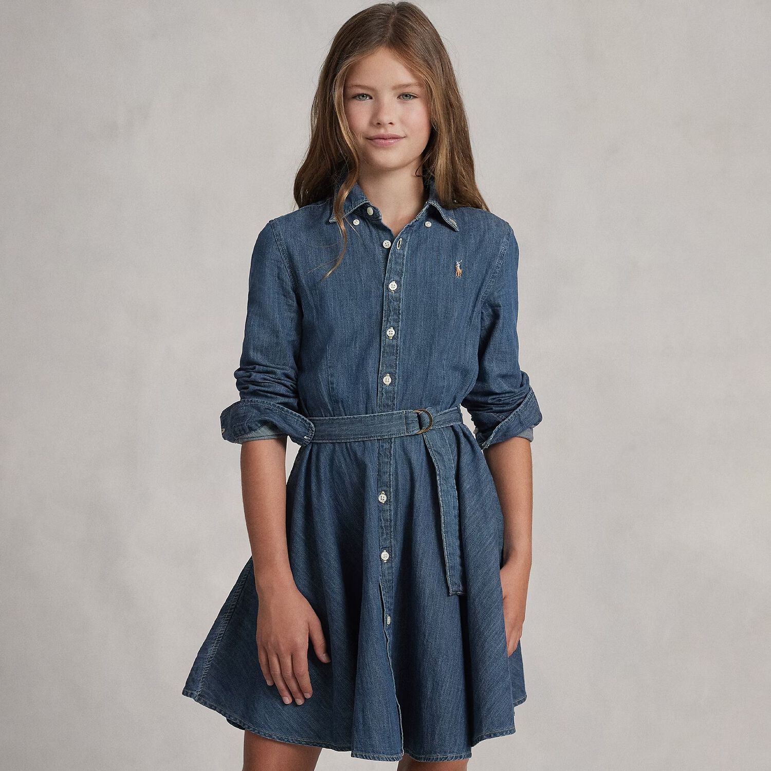Girls Blue Denim Shirt Dress, 2, hi-res image number null