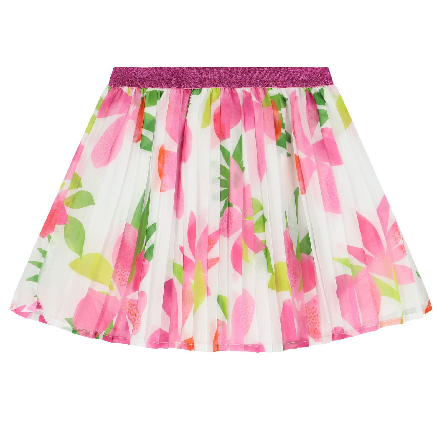 Girls Ivory & Pink Floral Pleated Skirt, 1, hi-res