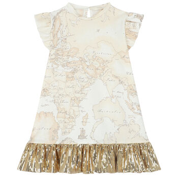 فستان بنات بطبعة خريطة باللون البيج والذهبي