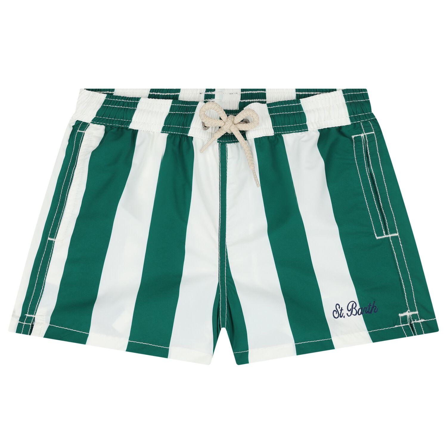 Boys Green & White Logo Striped Swim Shorts, 1, hi-res