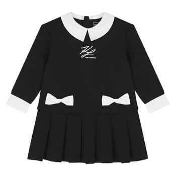 Younger Girls Black & White Logo Pleated Dress