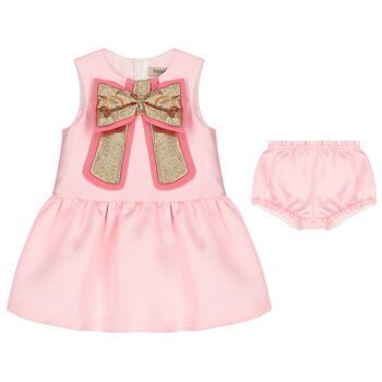 Baby Girls Pink Bow Satin Dress Set